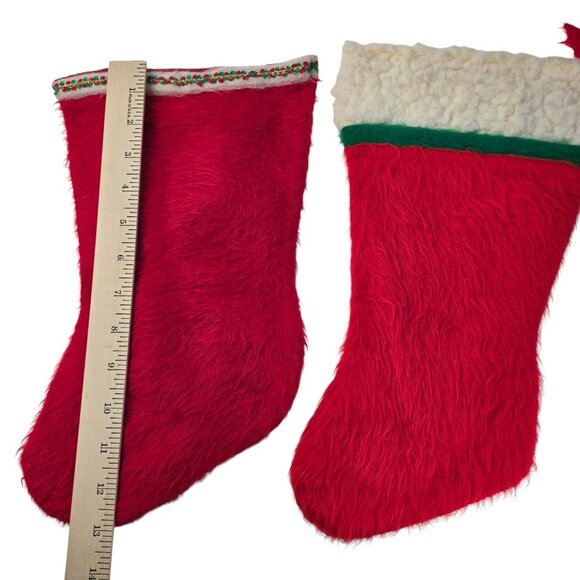 Vintage 60s 70s Red Fuzzy Christmas Stockings Set of 2 Sherpa & Trimmed Cuff MCM - Picture 3 of 7